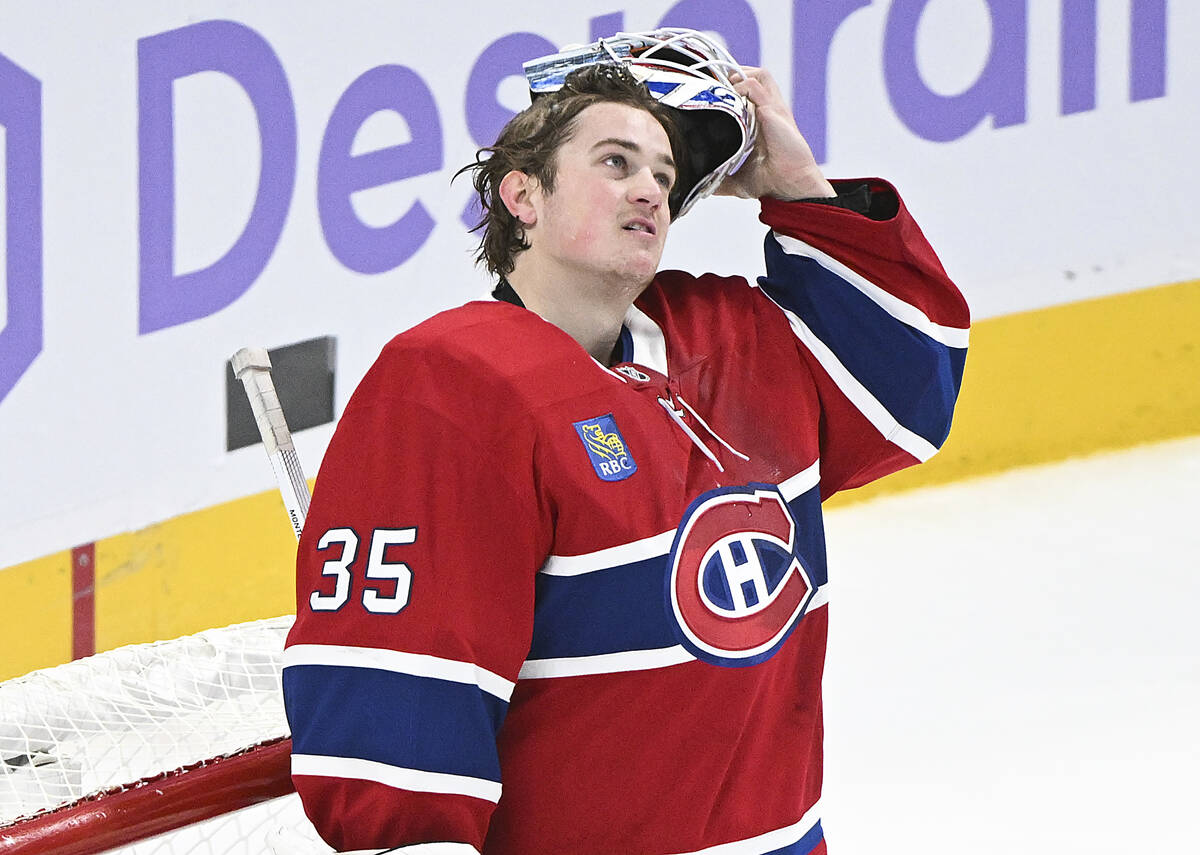 Montreal Canadiens goaltender Sam Montembeault looks on after being scored on for the fifth tim ...