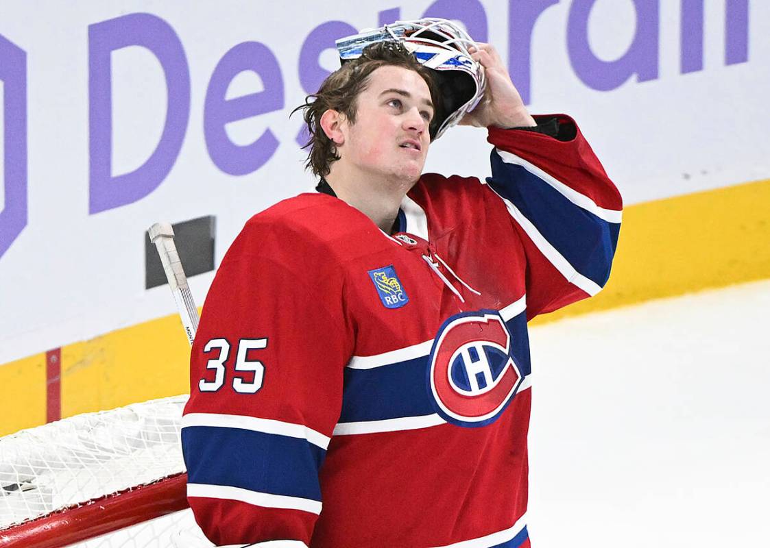 Montreal Canadiens goaltender Sam Montembeault looks on after being scored on for the fifth tim ...