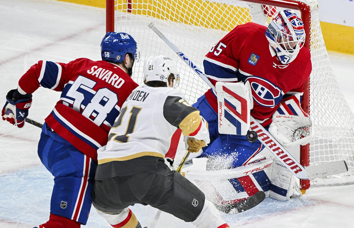 Montreal Canadiens goaltender Sam Montembeault makes a save as Vegas Golden Knights' Brett Howd ...