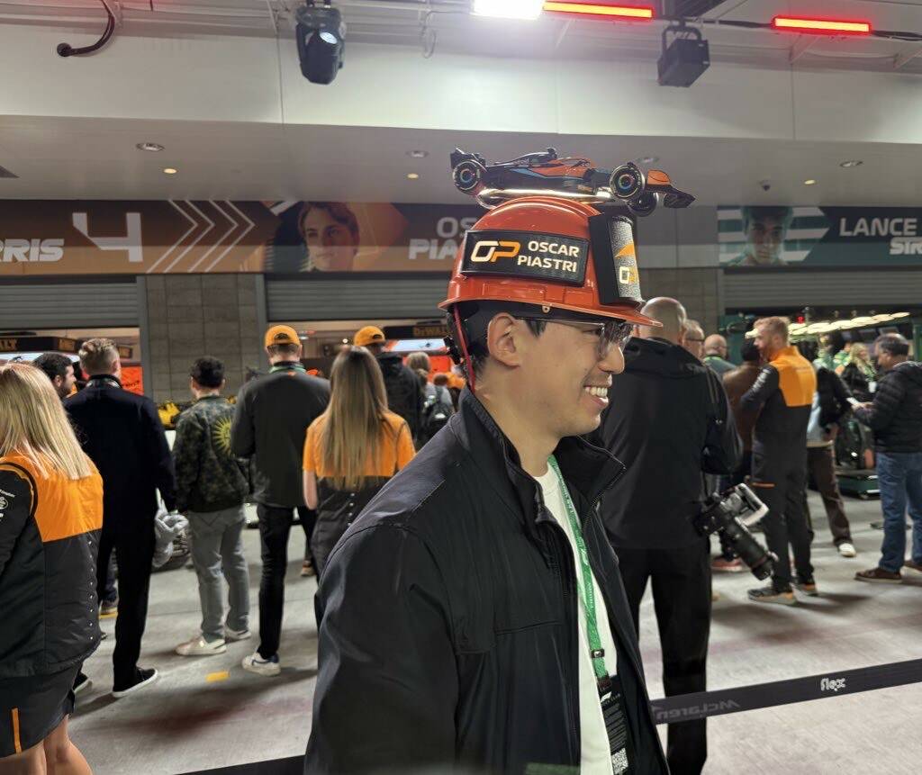 Alan Xu, from Sacramento, California, wearing a custom made Oscar Piastri hard hat on Friday, N ...