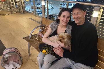 Nikki and Larry Wheeler of Pittsburgh, Pennsylvania, and their Morkie, Masi, arrived in Las Veg ...