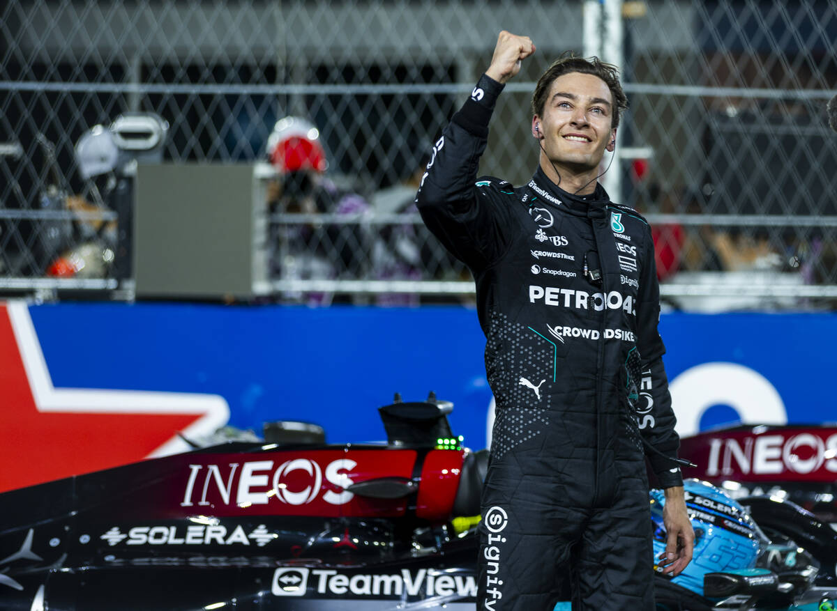 Mercedes driver George Russell celebrates his race win at the finish line of the Formula 1 Las ...