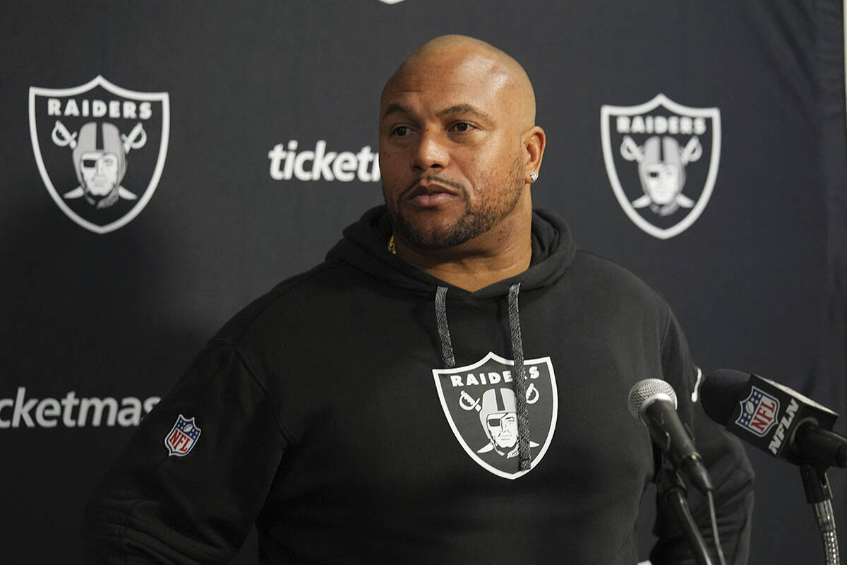 Las Vegas Raiders head coach Antonio Pierce responds to a question after an NFL football game a ...