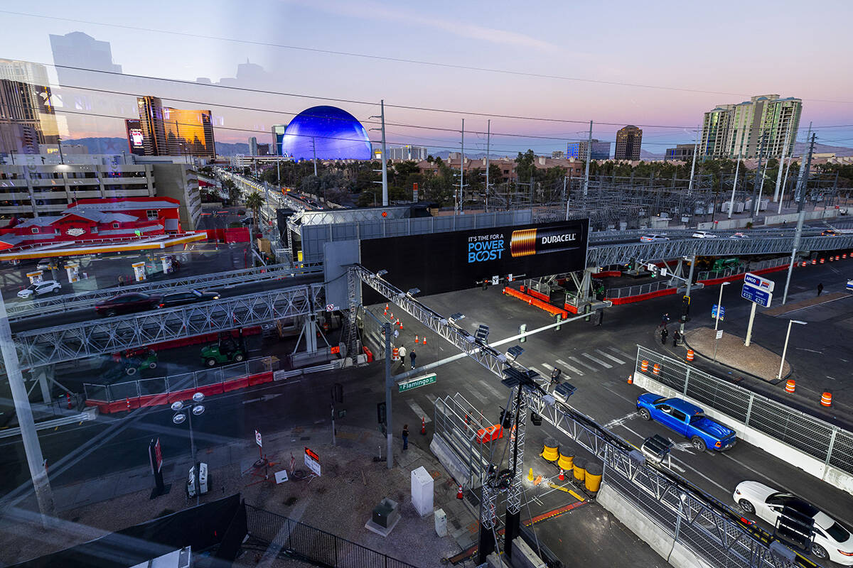 The view north up the track along Koval Lane and the Flamingo Road bridge along the track of th ...