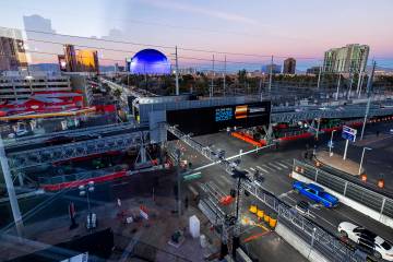 The view north up the track along Koval Lane and the Flamingo Road bridge along the track of th ...