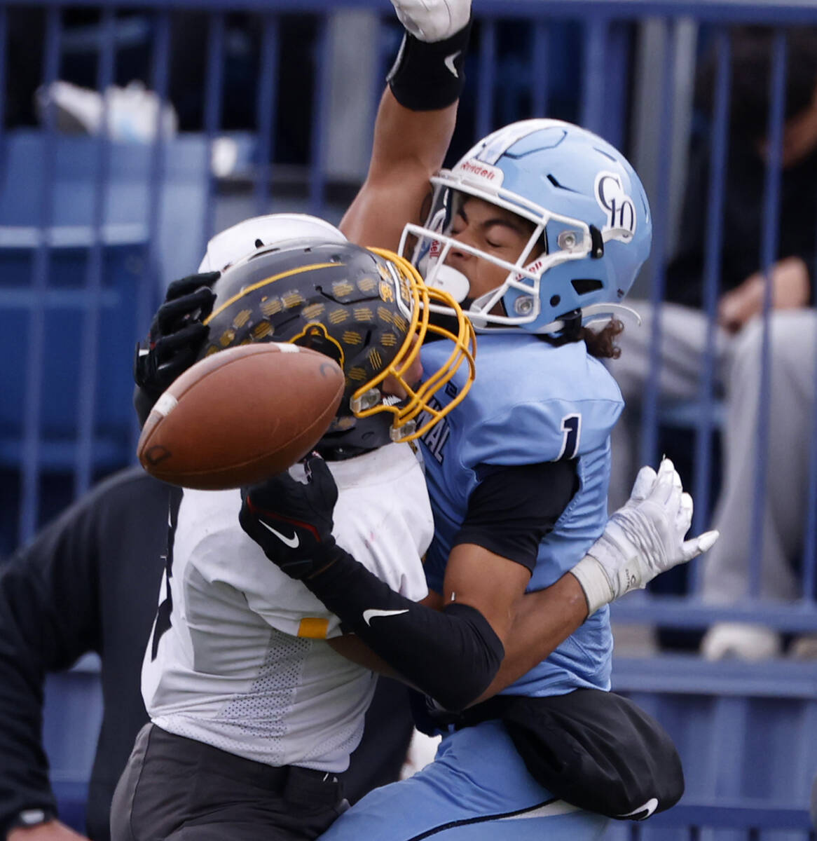 Galena High defensive back Erick Rodriguez (3) commits pass interference as Centennial High's w ...