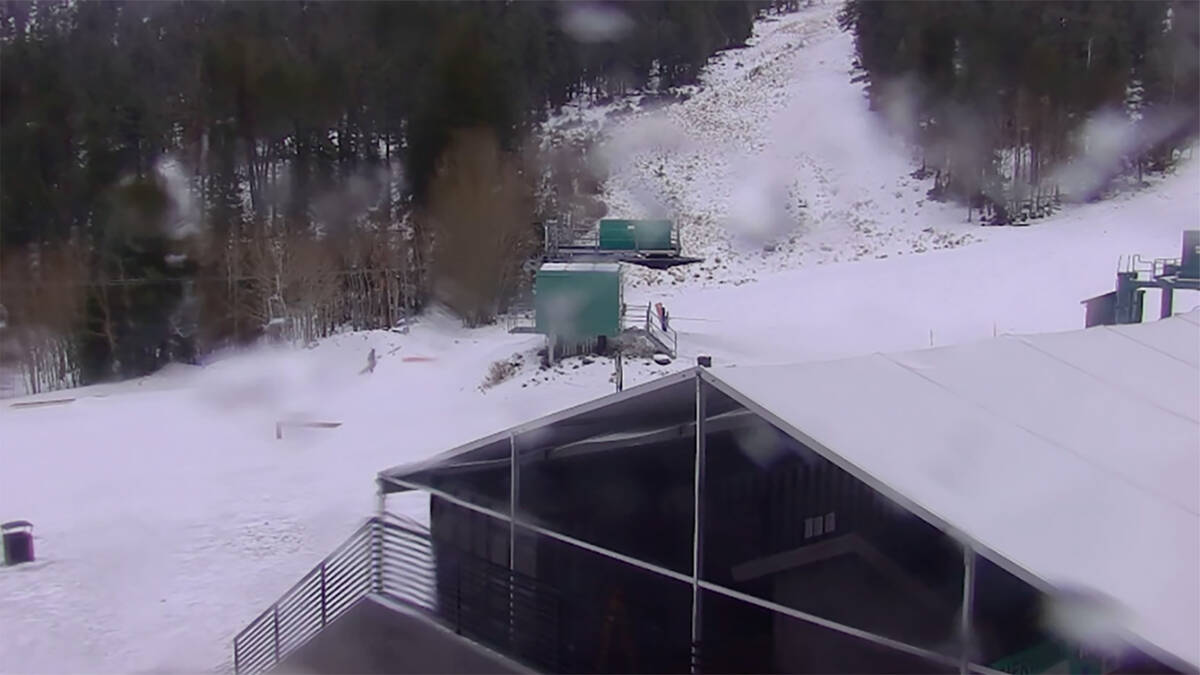 Skiers and snowbirds at the base of Lee Canyon as rain and snow falls on Monday, Nov 25, 2024. ...