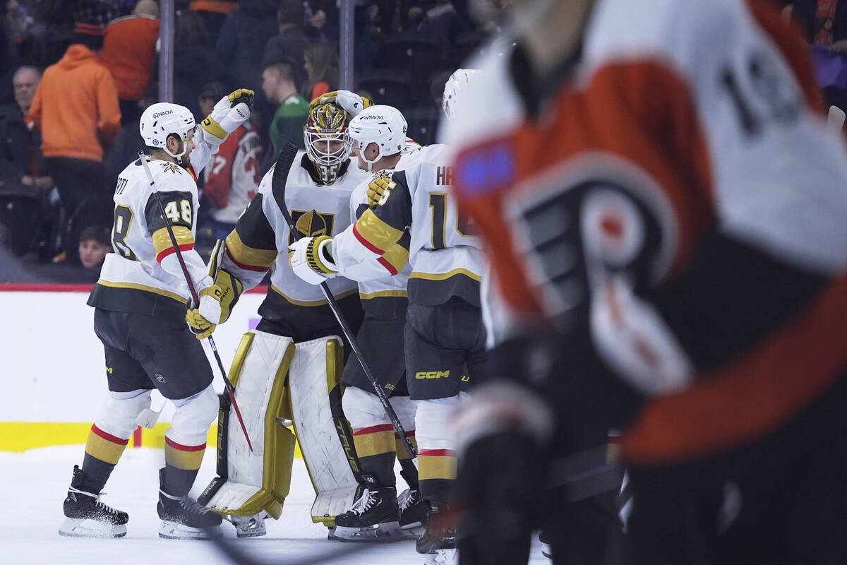 Vegas Golden Knights' Ilya Samsonov (35) celebrates after Vegas won an NHL hockey game against ...