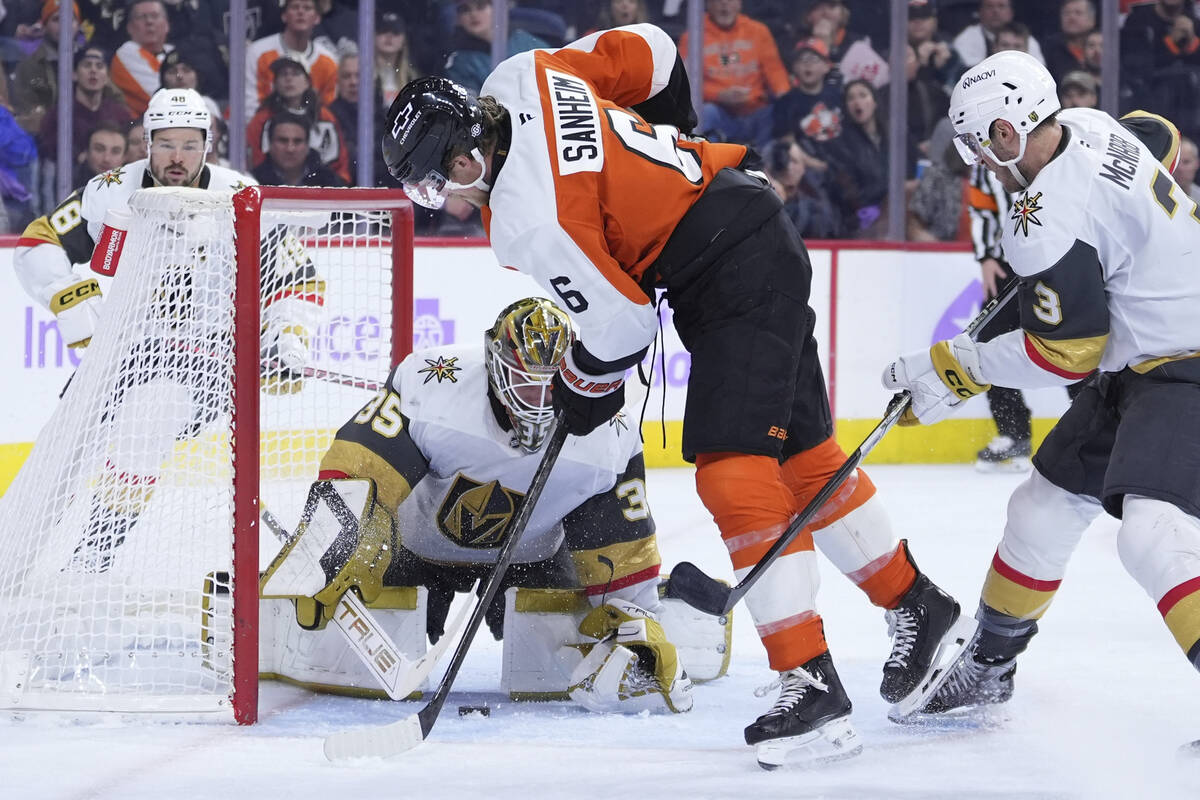 Philadelphia Flyers' Travis Sanheim (6) cannot get the puck past Vegas Golden Knights' Ilya Sam ...