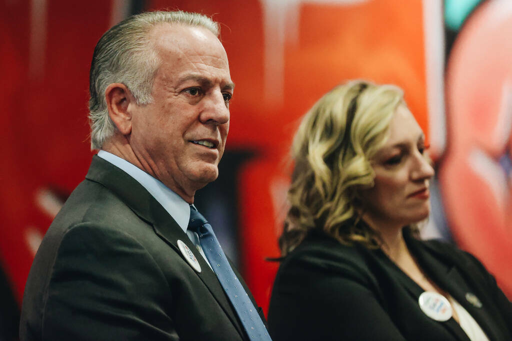 Nevada Gov. Joe Lombardo, left, stands next to Nevada State Senate Majority Leader Nicole Canni ...