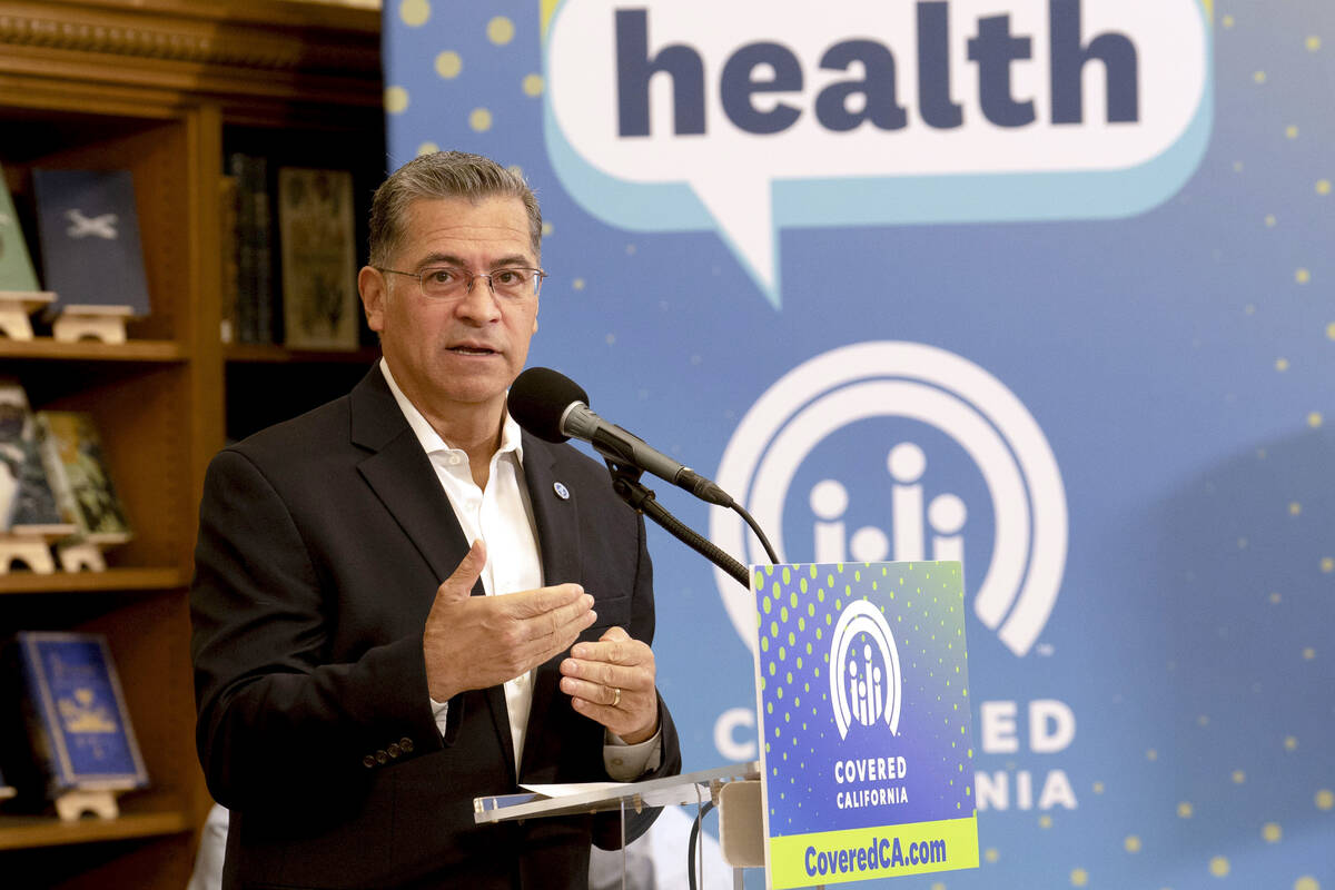 U.S. Department of Health and Human Services Secretary Xavier Becerra speaks in Sacramento, Cal ...