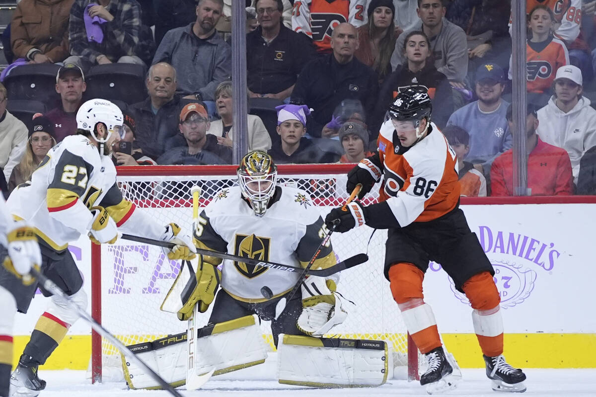 Philadelphia Flyers' Joel Farabeen, cannot get the puck past Vegas Golden Knights' Ilya Samsono ...