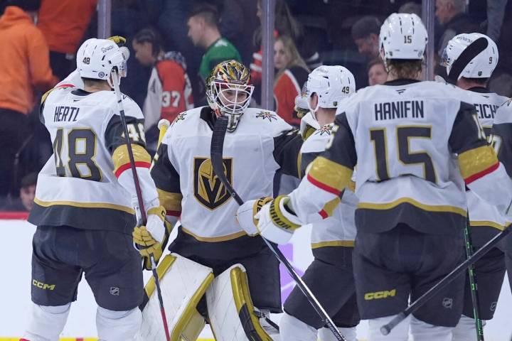 Vegas Golden Knights' Ilya Samsonov (35) celebrates after Vegas won an NHL hockey game against ...