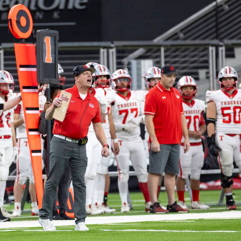 Truckee Head Coach Josh Ivens yells a play during the Class 3A football state championship game ...