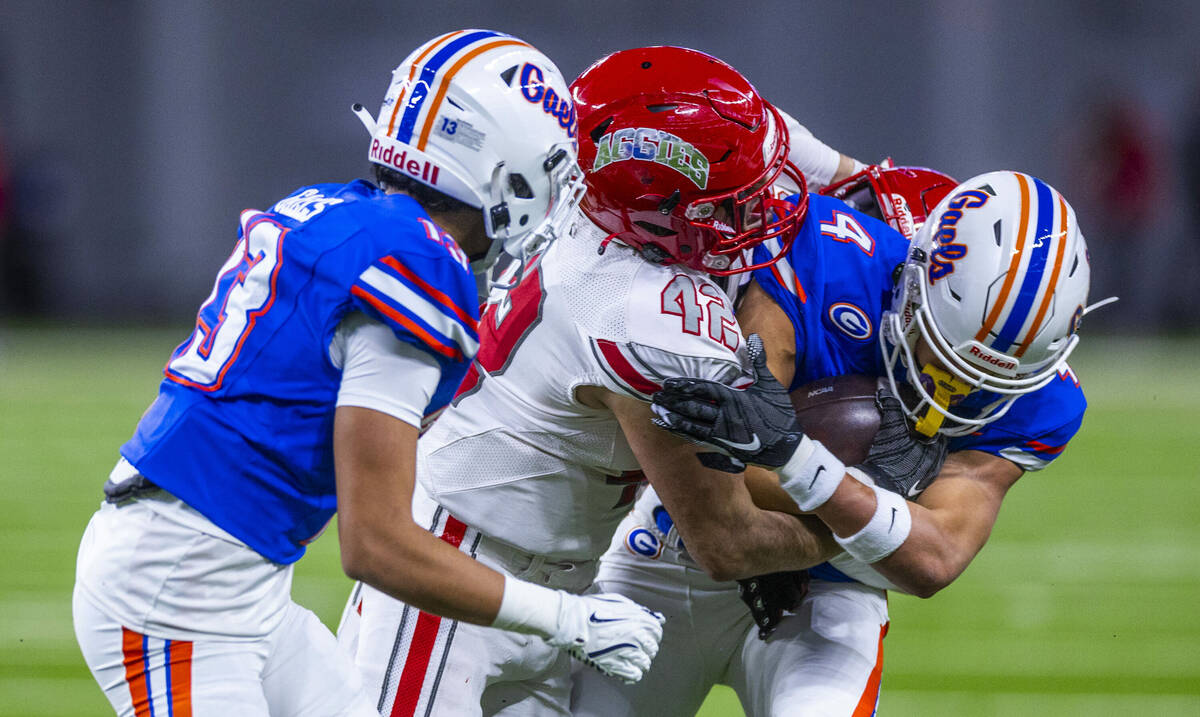 Bishop Gorman wide receiver Kaina Watson (4) covers the ball as Arbor View linebacker Christian ...