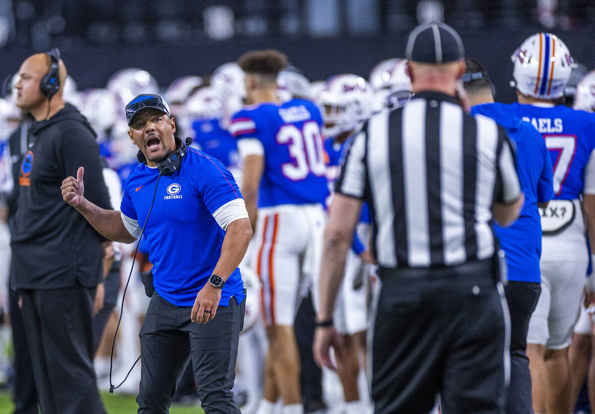 Bishop Gorman head coach Brent Browner argues a call with an official against Arbor View during ...