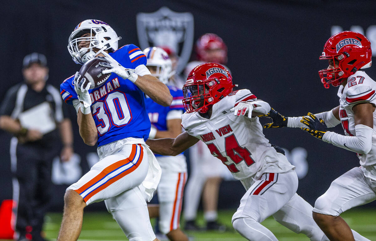 Bishop Gorman wide receiver Derek Meadows (30) hauls in a long pass over Arbor View cornerback ...