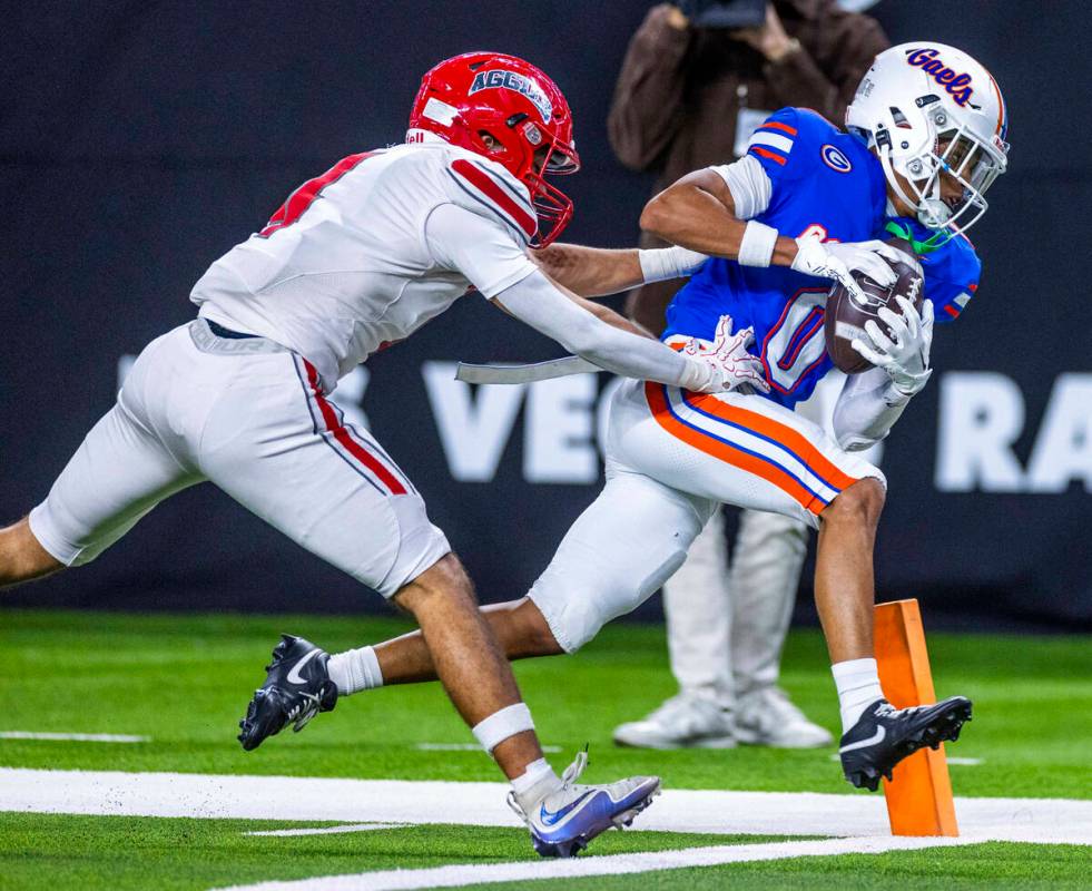 Bishop Gorman wide receiver Isaiah Nickels (0) hauls in a touchdown pass over Arbor View corner ...