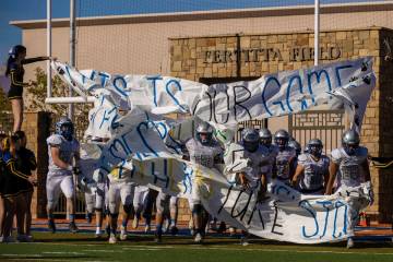 Pahranagat Valley takes the field in the second half during the 1A high school football champio ...