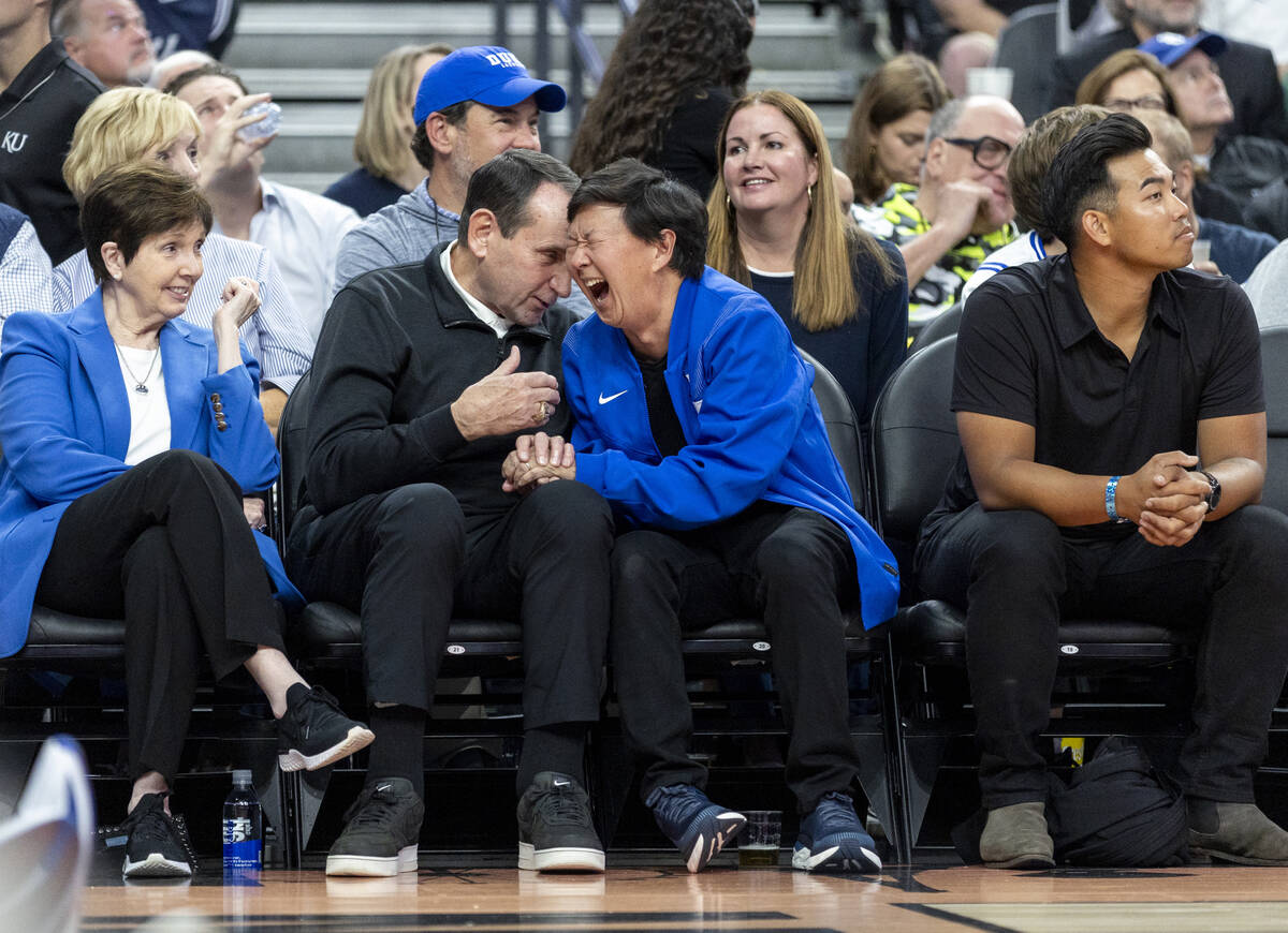 Former Duke Blue Devils head coach Mike Krzyzewski, left, and actor and Duke alumnus Ken Jeong, ...