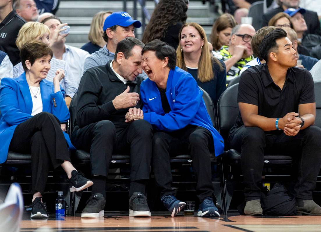 Former Duke Blue Devils head coach Mike Krzyzewski, left, and actor and Duke alumnus Ken Jeong, ...