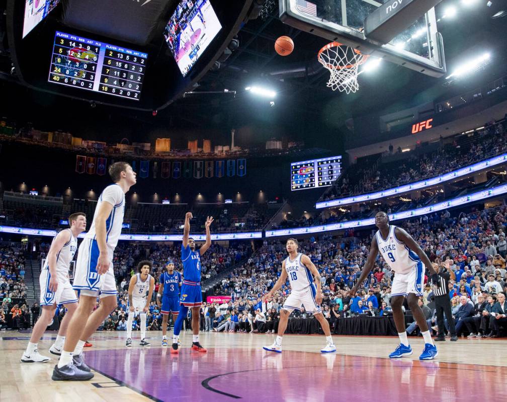 Kansas Jayhawks guard Rylan Griffen (6) shoots a free throw to put the team up by three points ...