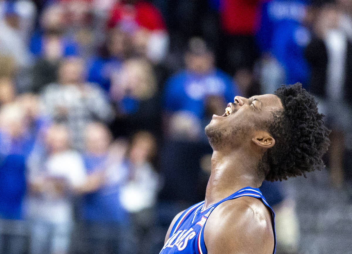 Kansas Jayhawks forward KJ Adams Jr. celebrates during the final minute of the Vegas Showdown c ...