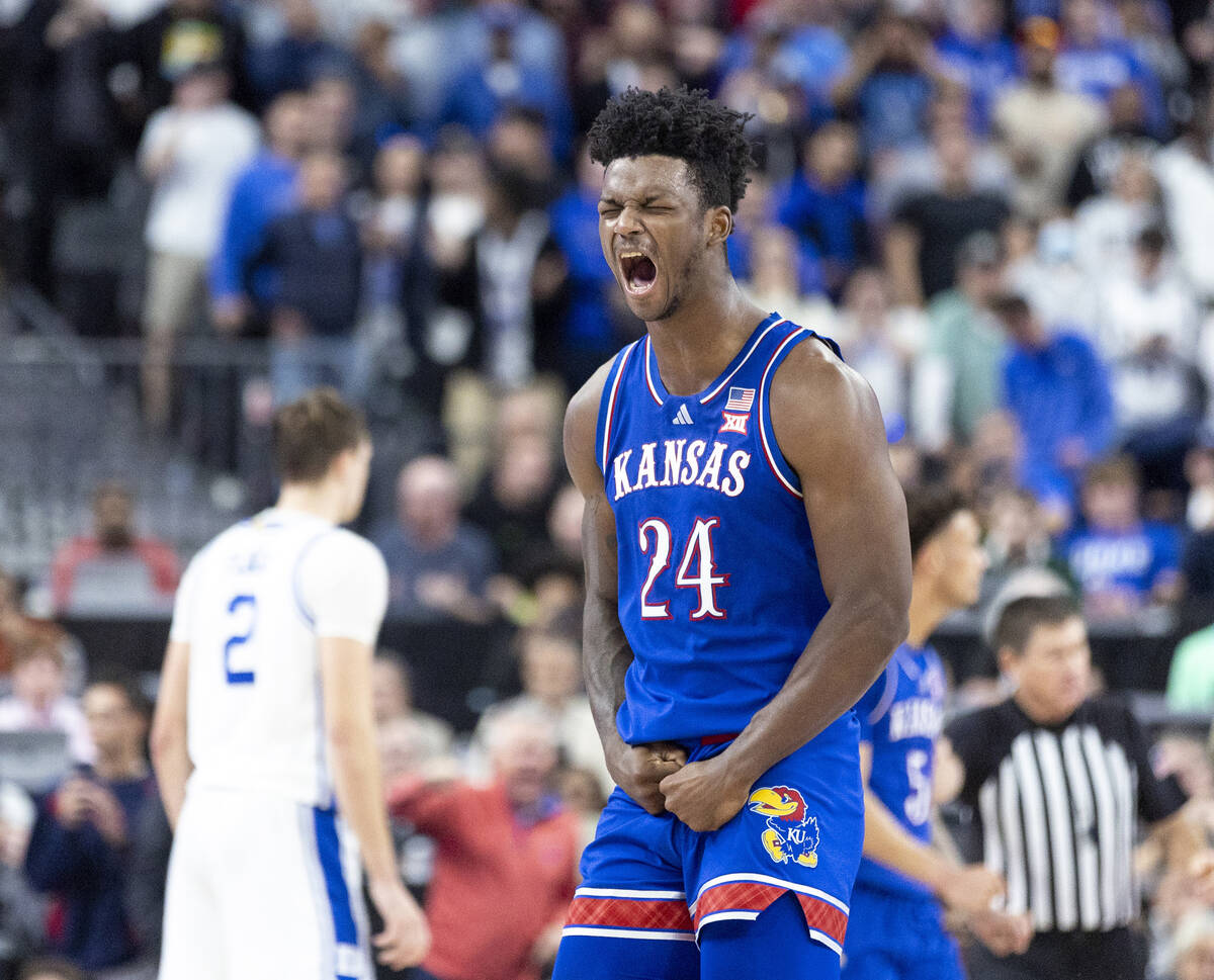 Kansas Jayhawks forward KJ Adams Jr. (24) celebrates during the final minute of the Vegas Showd ...