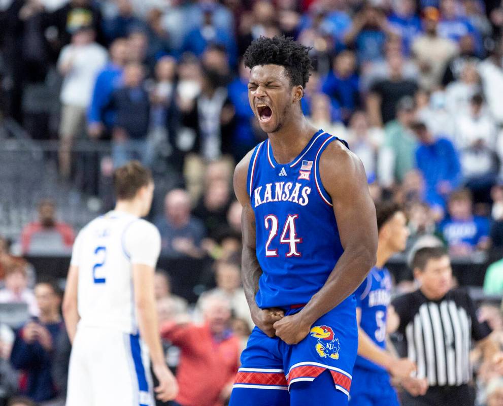 Kansas Jayhawks forward KJ Adams Jr. (24) celebrates during the final minute of the Vegas Showd ...