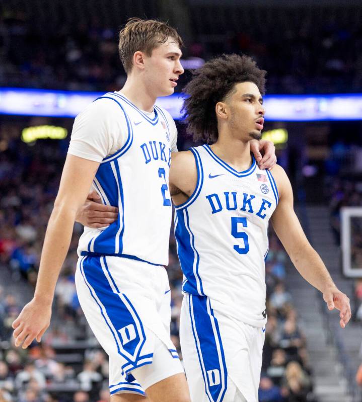 Duke Blue Devils guard Cooper Flagg (2) and guard Tyrese Proctor (5) talk during the Vegas Show ...