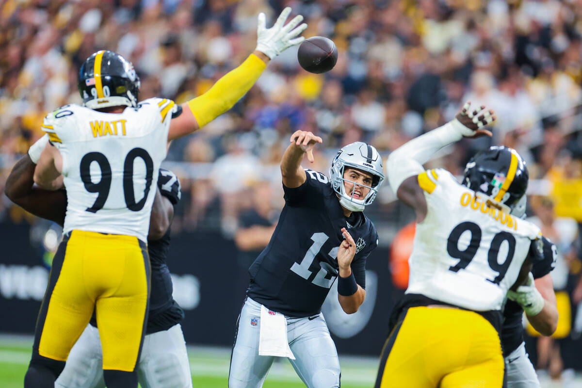 Raiders quarterback Aidan O'Connell (12) throws the ball during the second half off an NFL foot ...