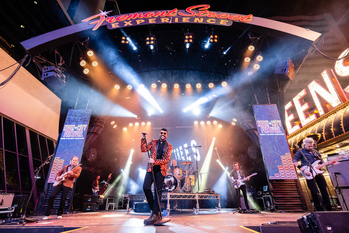 Indie pop band Neon Trees is shown at Fremont Street Experience's 3rd Street Stage during Neon ...