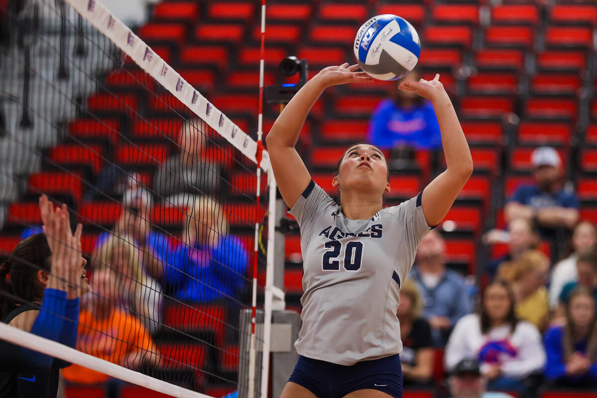 Utah State setter Kaylie Kofe (20) hits the ball during a first round game between the Utah Sta ...