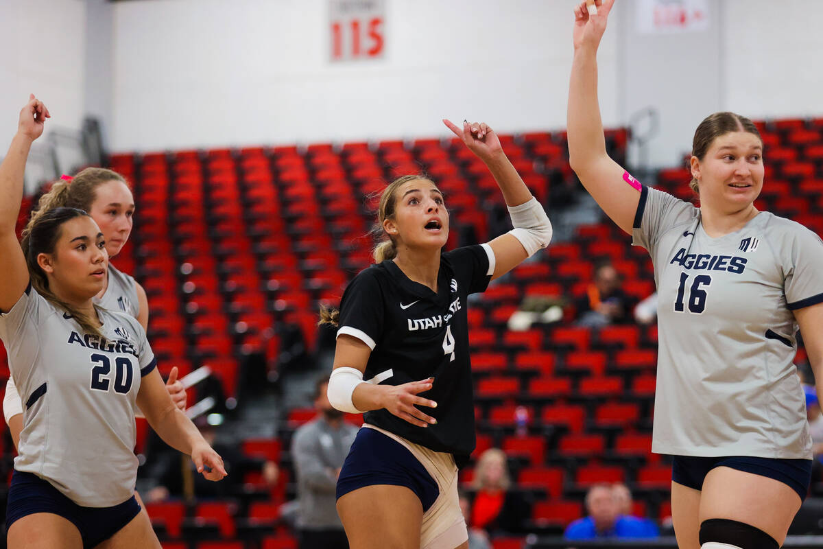 Utah State libero Kendel Thompson (4) reacts to a call by a referee during a first round game b ...