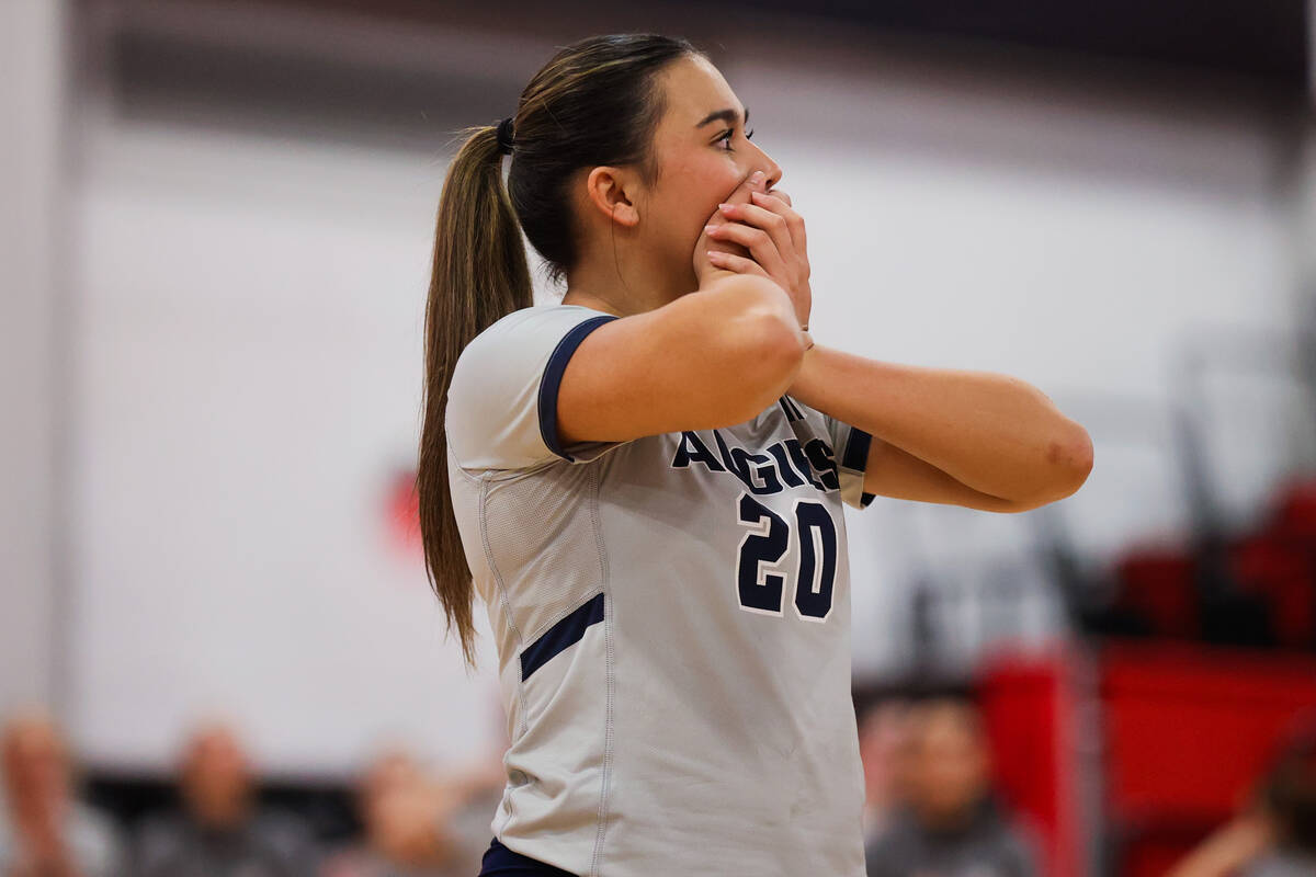 Utah State setter Kaylie Kofe reacts to Boise State earning a point before their win during a f ...