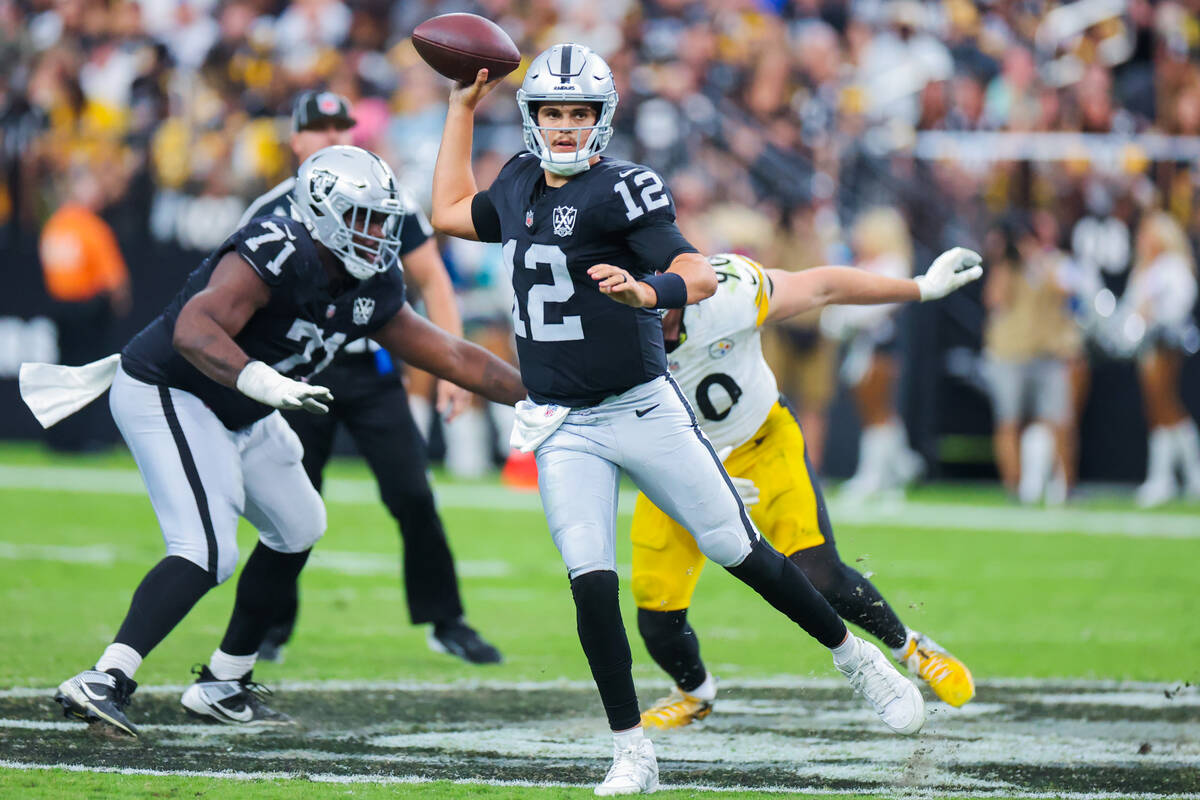 Raiders quarterback Aidan O'Connell (12) throws the ball during the second half off an NFL foot ...