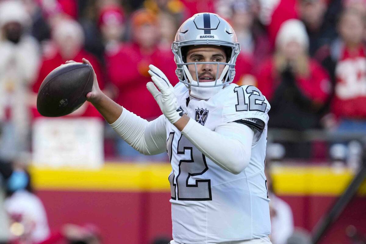 Las Vegas Raiders quarterback Aidan O'Connell (12) throws against the Kansas City Chiefs during ...