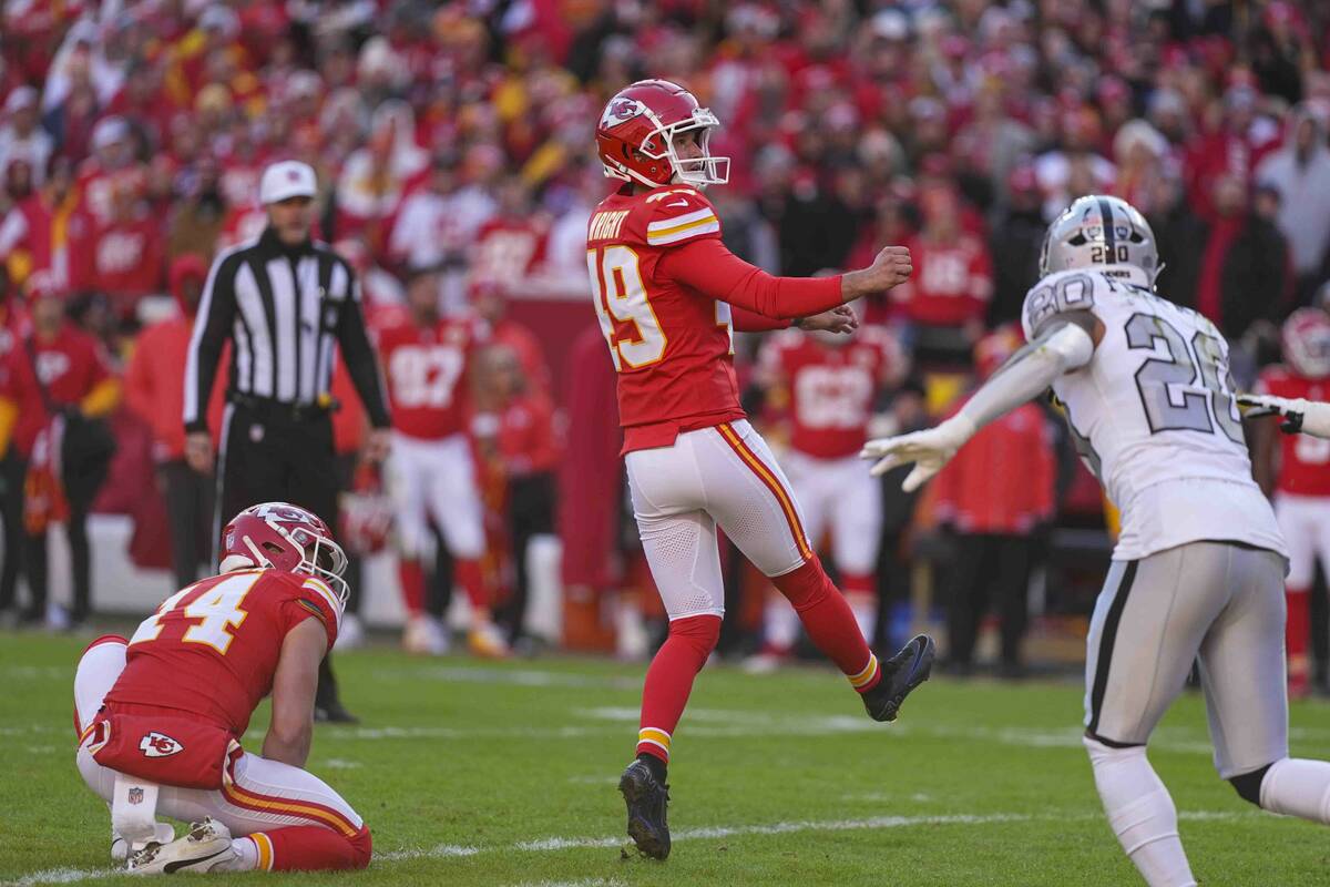 Kansas City Chiefs kicker Matthew Wright (49) kicks a field goal from the hold of punter Matt A ...