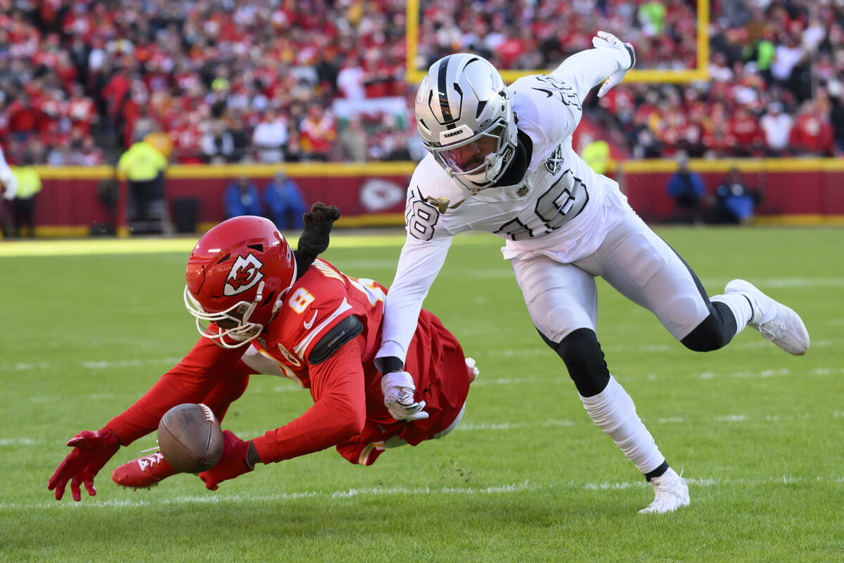 Las Vegas Raiders cornerback Jack Jones (18) was called for defensive pass interference on a pl ...