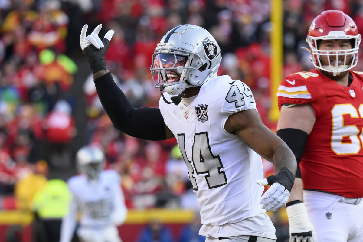 Las Vegas Raiders defensive end K'Lavon Chaisson (44) celebrates a sack against the Kansas City ...