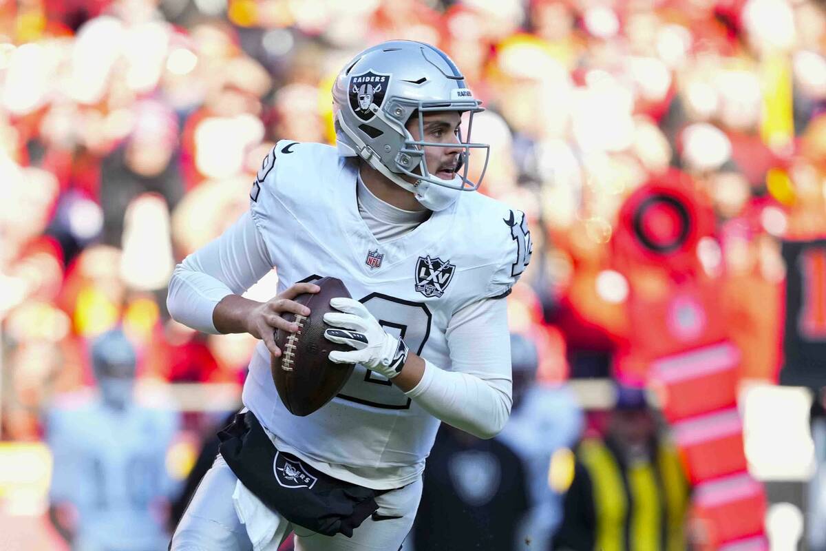 Las Vegas Raiders quarterback Aidan O'Connell (12) throws against the Kansas City Chiefs during ...