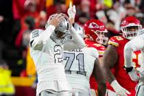 Las Vegas Raiders place kicker Daniel Carlson (2) reacts after missing a field goal late in the ...