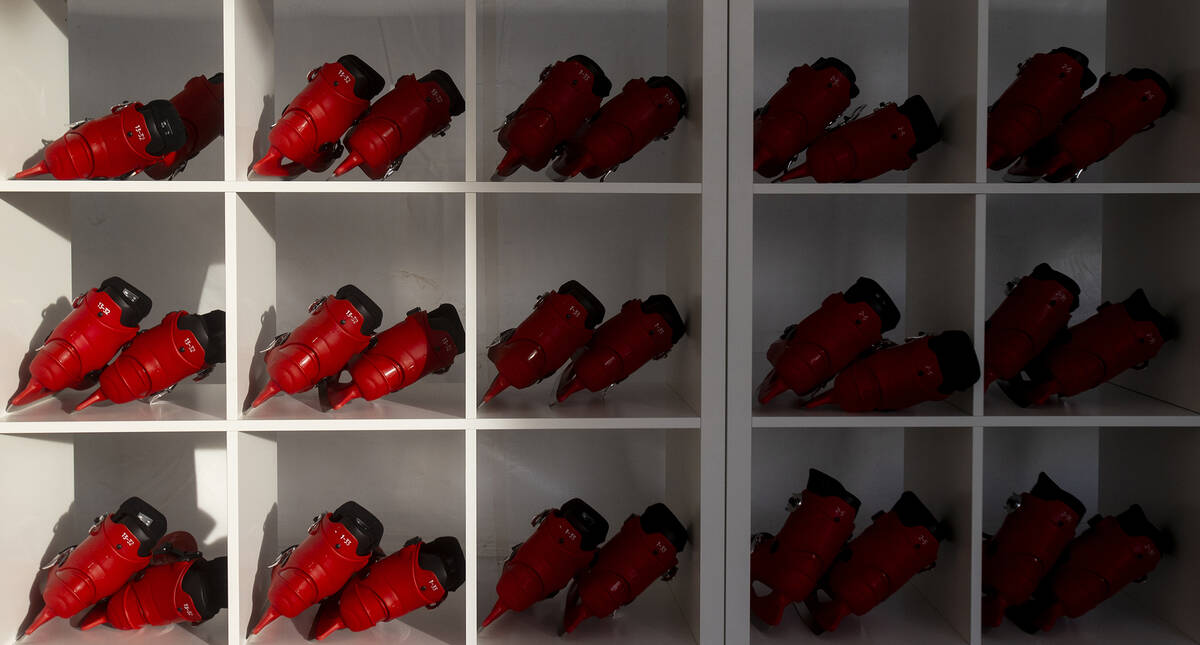 Skates sit on a shelf during setup of Christmas on the Strip, Friday, Nov. 29, 2024, in Las Veg ...