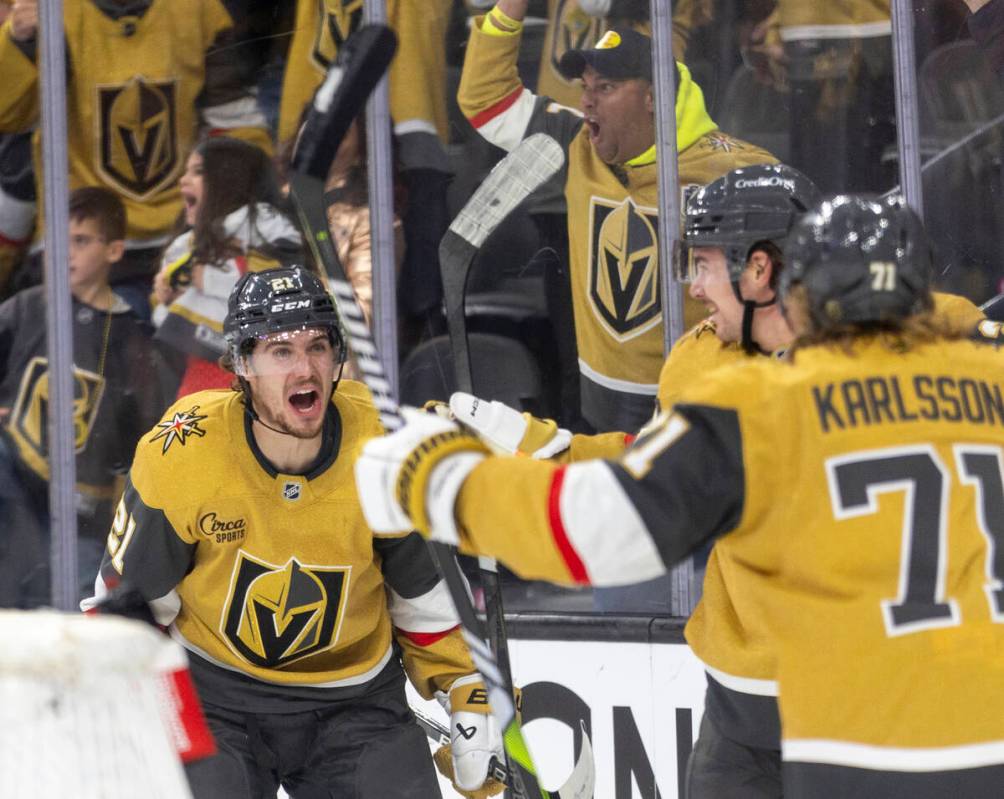 Golden Knights center Brett Howden (21) celebrates a goal during the NHL hockey game against th ...