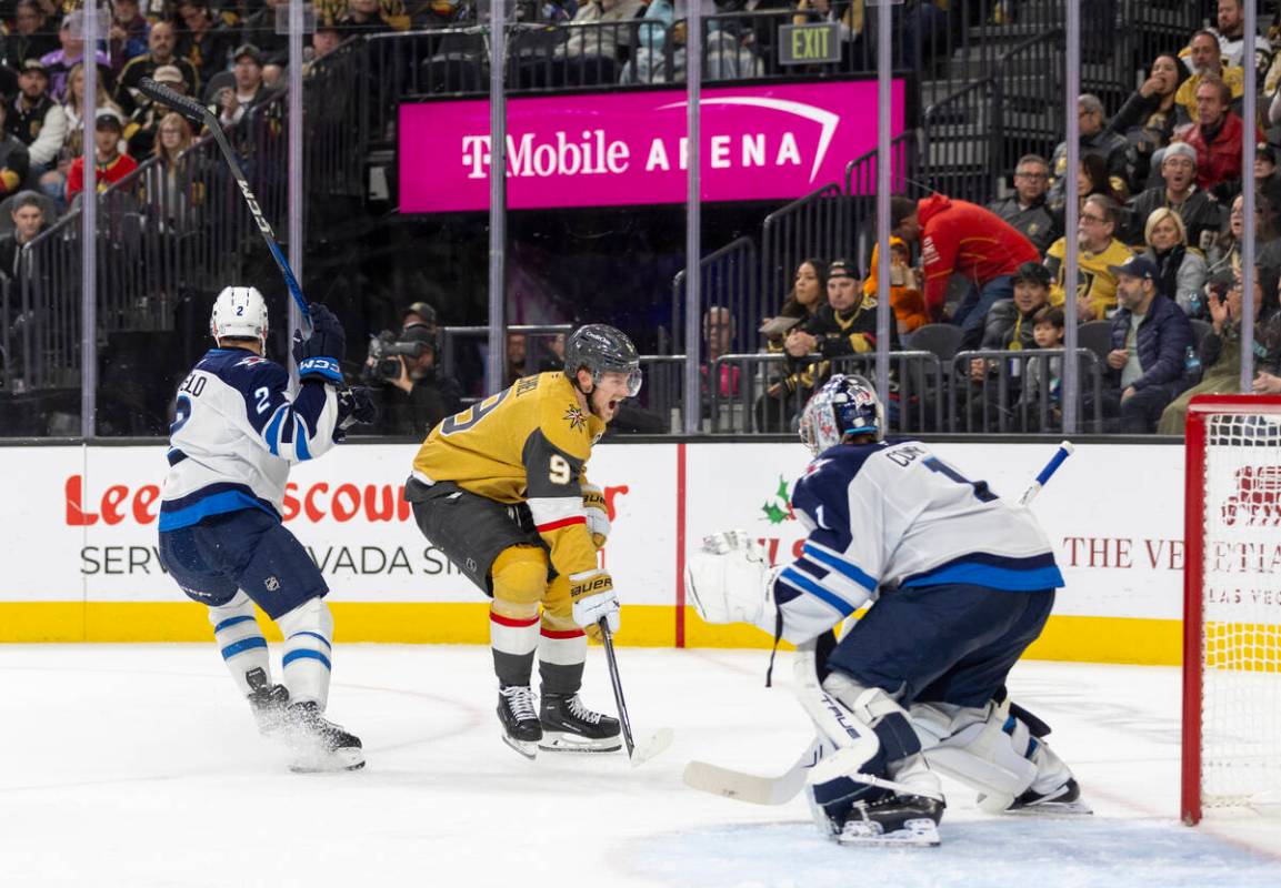 Golden Knights center Jack Eichel (9) reacts after having a shot blocked during the NHL hockey ...