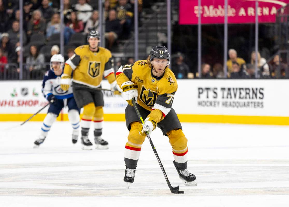 Golden Knights center William Karlsson (71) controls the puck during the first period of the NH ...