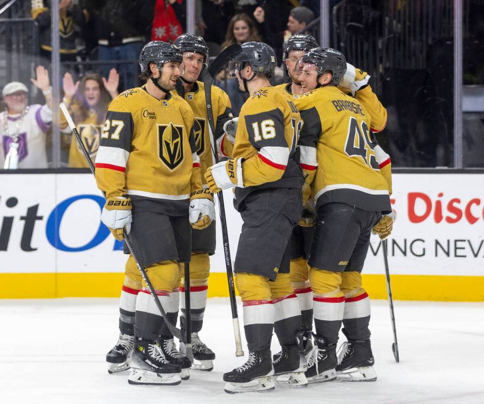 The Golden Knights celebrate a goal during the NHL hockey game against the Winnipeg Jets at T-M ...