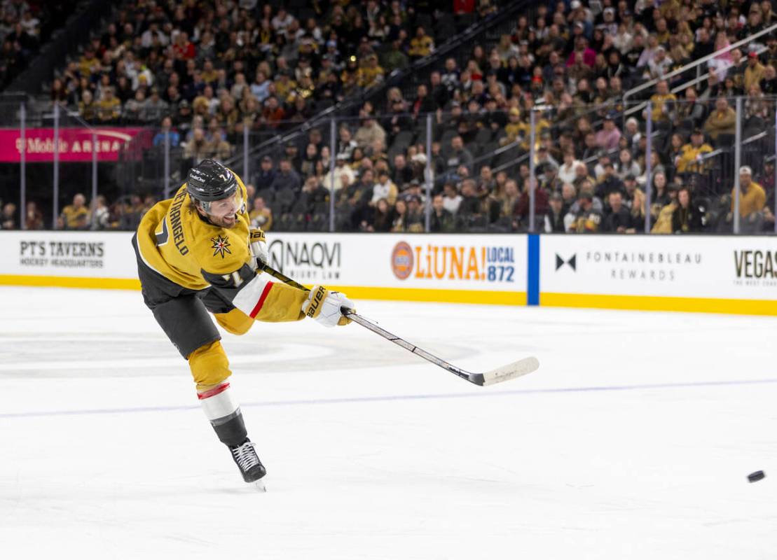 Golden Knights defenseman Alex Pietrangelo (7) shoots the puck during the NHL hockey game again ...