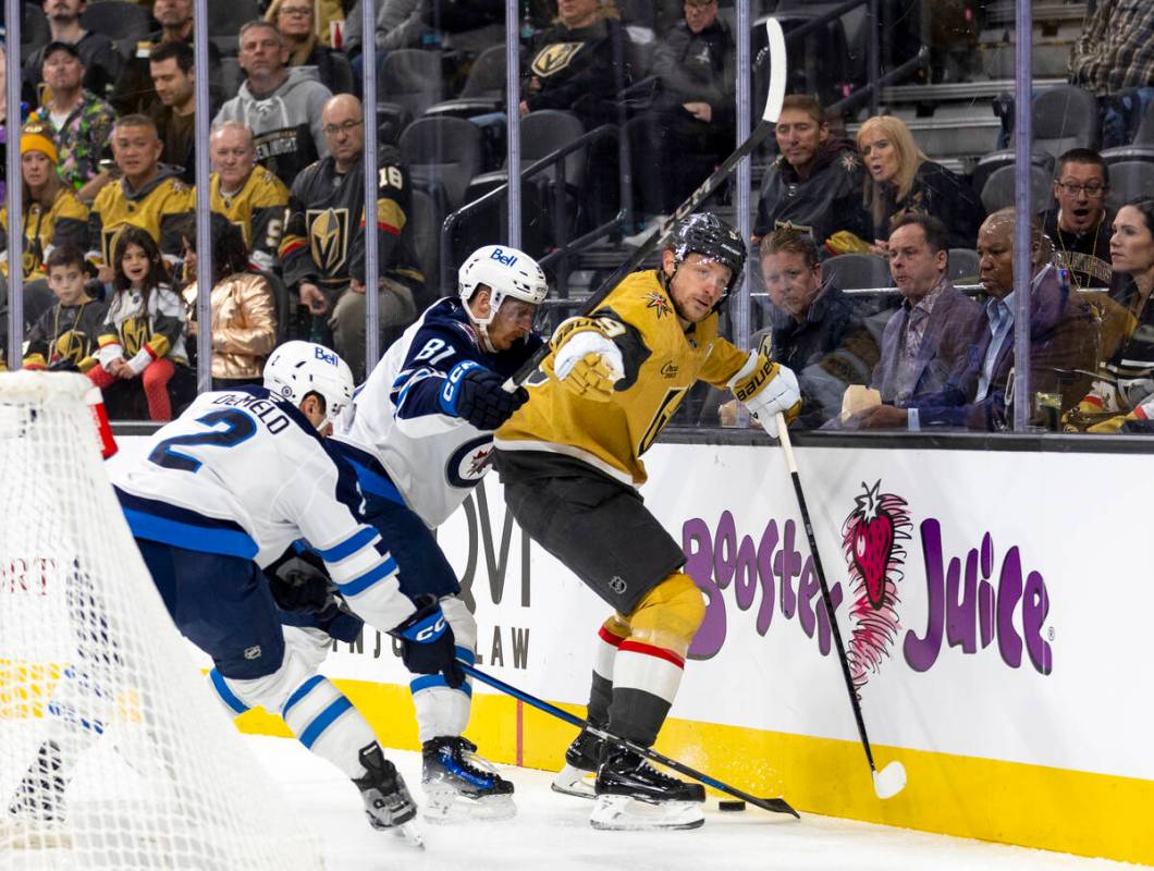 Golden Knights center Jack Eichel (9) looks toward the referee for a penalty call during the NH ...