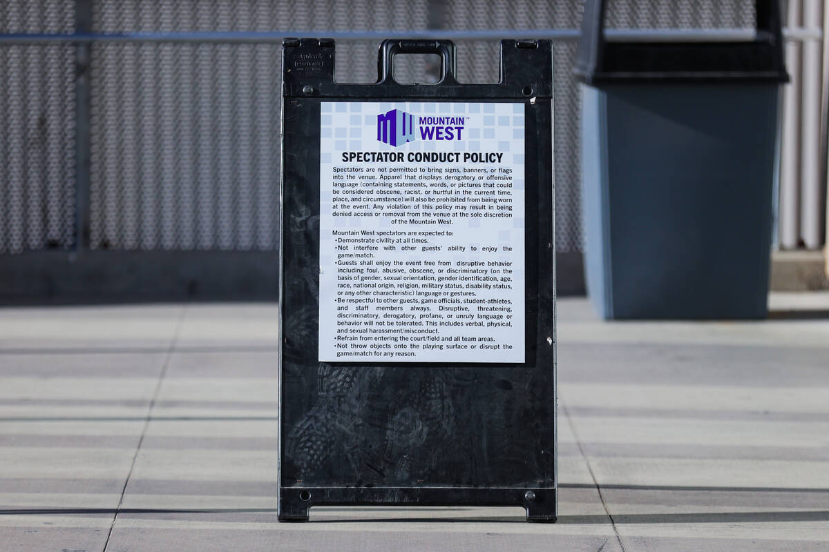 A sign reminding fans of the Mountain West’s spectator conduct policy is seen during the ...